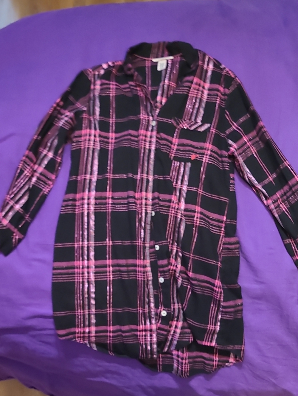 Victoria's Secret Black and Pink Plaid Button-Down Longline Shirt